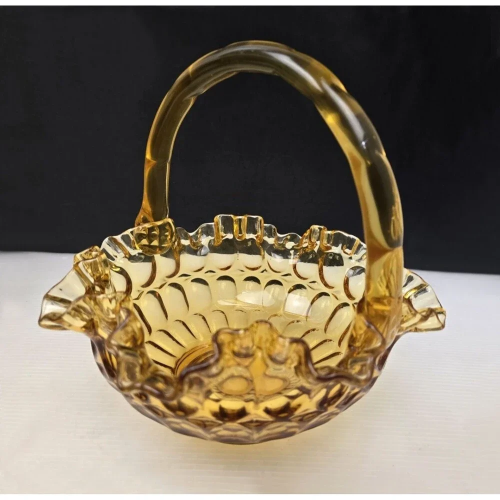 Vintage Fenton Colonial Amber Thumbprint Glass Basket  8